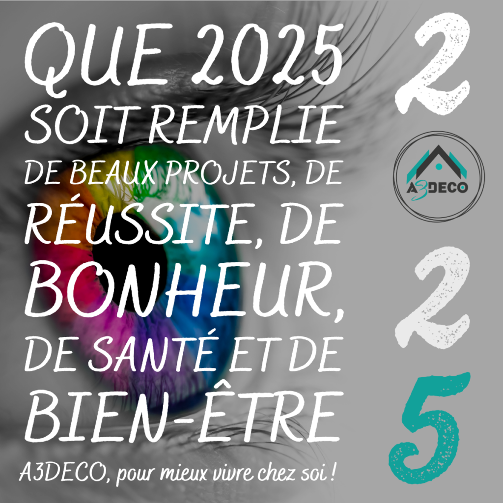 Carte de voeux 2025 souhaitant à tous de beaux projets, réussite, santé et bonheur. Image de l'oeil d'un enfant regardant vers 2025 avec un pupille arc en ciel pour voir la vie en couleur.